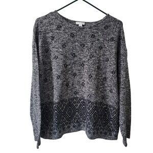 J. Jill Gray Black Geometric Border Knit Cotton Wool Blend Sweater Large L